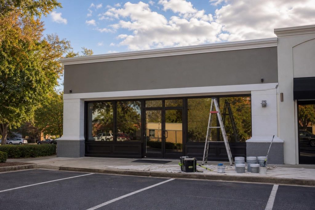 Freshly painted commercial storefront in Auburn with professional painting equipment on the sidewalk